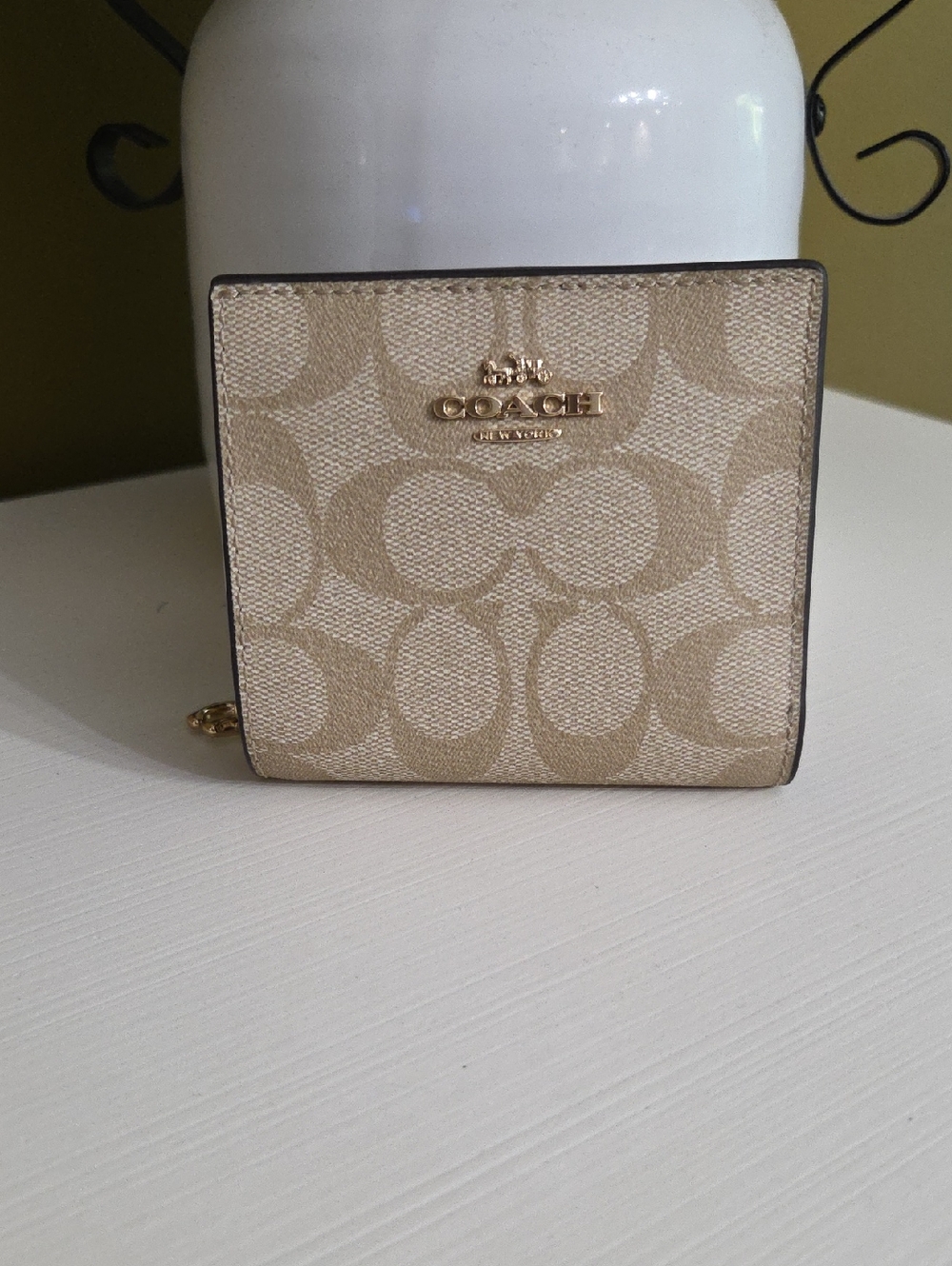 New Coach Beige Signature Canvas Bifold Wallet with Gold Logo